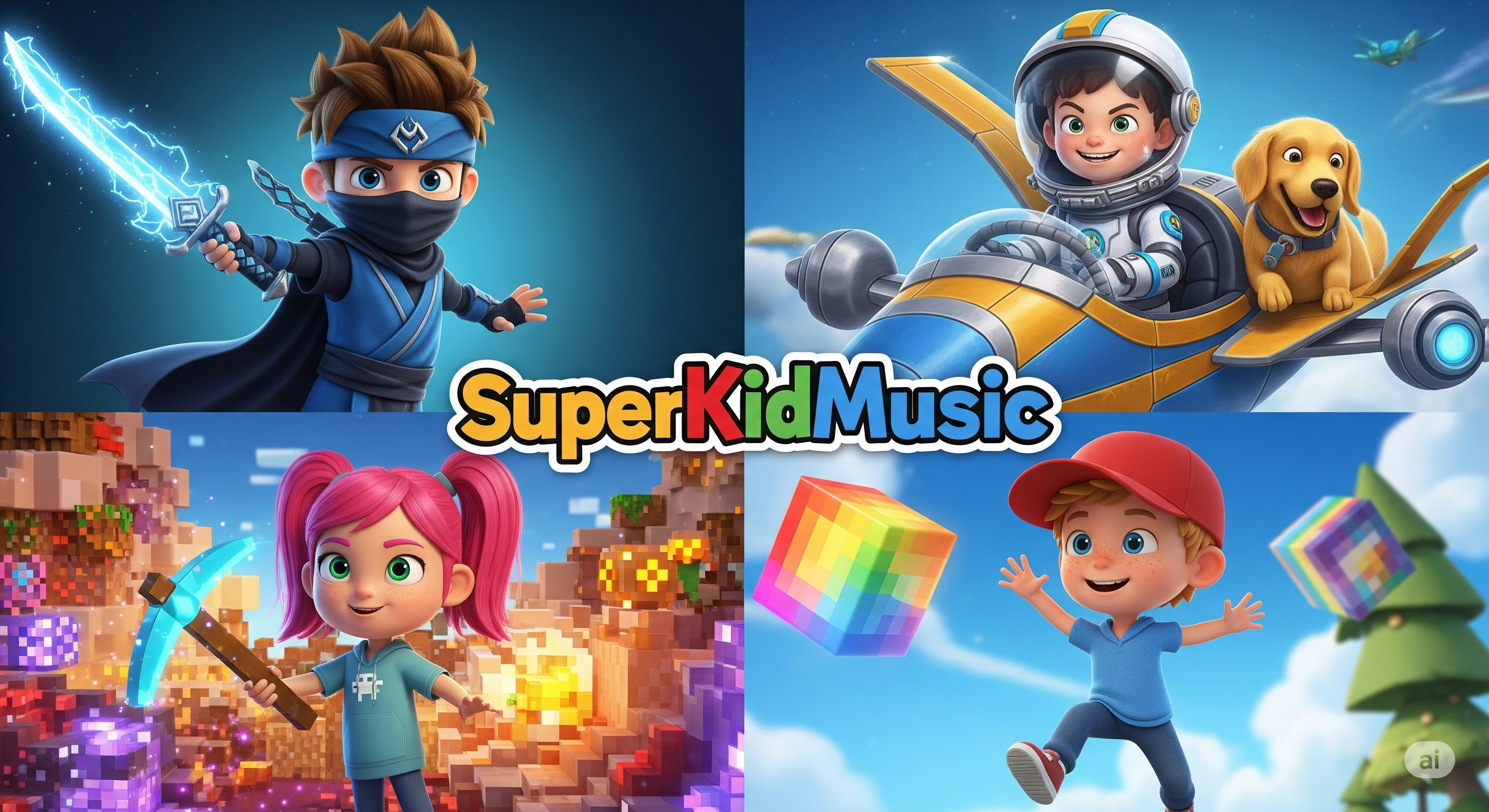 Carregar vídeo: Thumbnail para o vídeo promocional do SuperKidMusic, um serviço de música e clipes animados personalizados para crianças. A imagem é uma colagem de quatro estilos de animação: um ninja ao estilo Ninjago, um astronauta ao estilo Star Wars, uma construtora ao estilo Minecraft e um herói ao estilo Mario, mostrando a variedade de aventuras personalizadas disponíveis